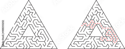 Triangular maze with solution showing path to navigate the complicated puzzle