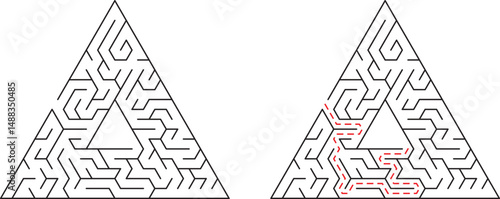 Two triangular mazes one solved illustrating a path for decision making