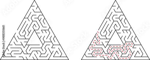 Triangular labyrinth with solution path guiding through the complex maze challenge