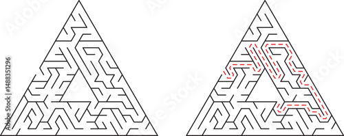 Triangular maze illustration with solution path marked in red design and problem solving concept