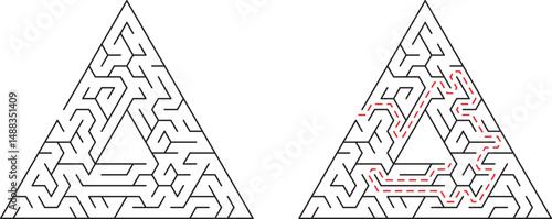 Triangular maze illustration shows solution path with red dotted line for easy understanding