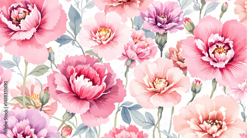 Boho watercolor floral pattern with dusty pink and beige peonies and olive green leaves  hand-painted seamless rustic chic design for textiles and decor.