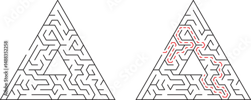 Triangular maze showing the solution path through complex puzzles and challenging paths