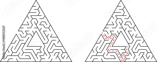 Complex triangular maze with solved path indicating solution and conceptual problem solving