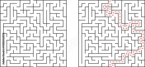 Complex maze illustration showing the path through challenging labyrinth with red solution