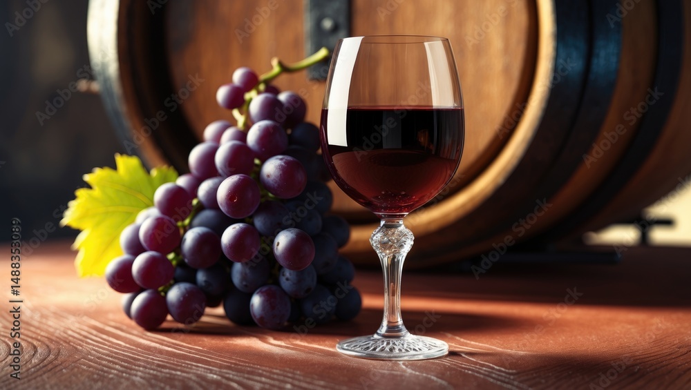Obraz premium Glass of red wine with a bunch of grapes in front of barrels