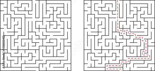 A complex maze with solution depicted showing path and navigation through the challenge