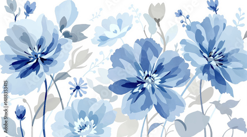 Watercolor blue flowers border banner for stationary, greetings, etc. floral decoration. Hand drawing.