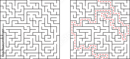 A complex maze with the path outlined in red representing problem solving and solutions