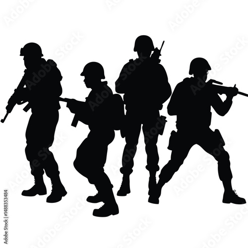 Silhouette of Four Soldiers in Formation Military Vector Illustration