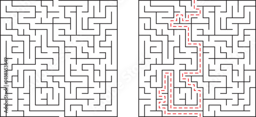 Complex maze illustration showing the path to a successful solution strategy on white background