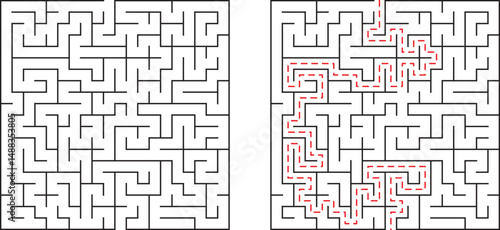 Maze puzzle illustration showing a challenging path with a red line marking the solution
