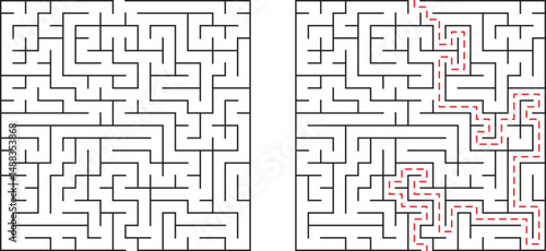 Complex maze solution with marked path showing route through difficult puzzle challenge