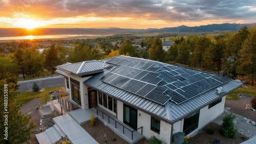 Wallpaper Mural Sustainable Home: A stunning modern home with solar panels on its roof, set against a backdrop of rolling hills at sunset, embodying eco-conscious living. Torontodigital.ca