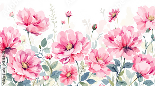 Boho watercolor floral pattern Peonies and olive green leaves  hand-painted seamless rustic chic design for textiles and decor.