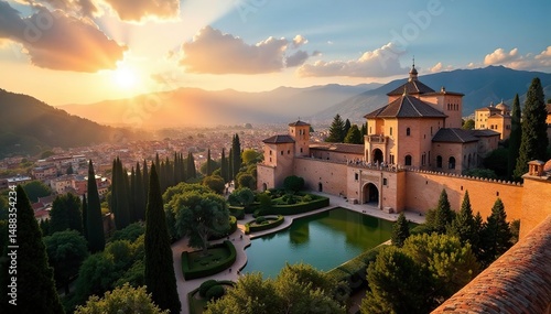 Sun-drenched Alhambra Palace, Granada, Andalusia , orange, fortress