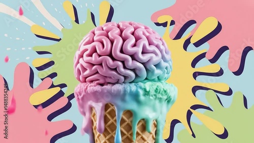Ice cream cone topped with brain-shaped scoop in vibrant background - Concept of neuro-memphis, digital modern collage, pop art  