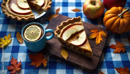 Wallpaper Mural Charming autumn picnic setup with apple pie pieces, pumpkins, apples, and a warm beverage on a checkered tablecloth. Fallen leaves enhance the seasonal atmosphere. Torontodigital.ca