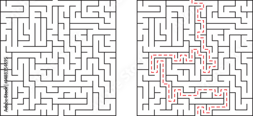 Maze solution illustration showing problem solving and strategy path on a white background