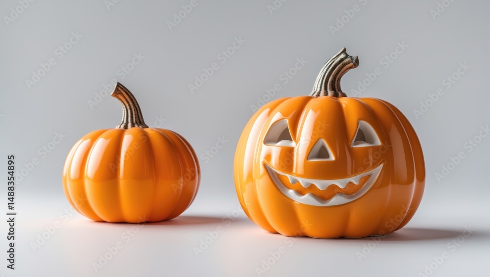 Isolated ceramic pumpkins with spooky faces for Halloween décor Isolated ceramic pumpkins with spooky faces for Halloween décor