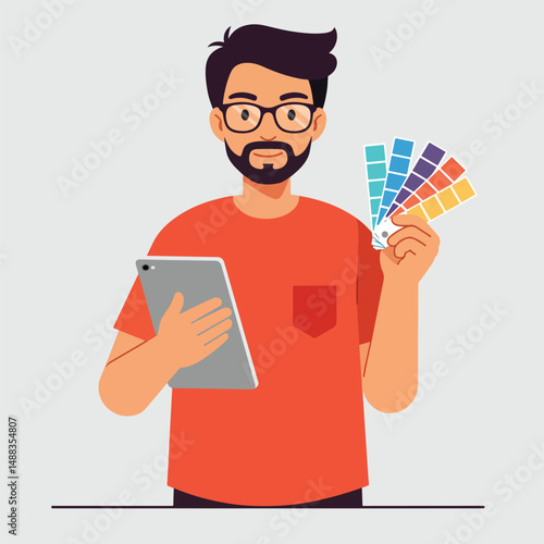 Flat Vector Illustration of a Male Graphic Designer Holding a Tablet and Color Swatches