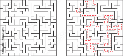 Maze puzzle solution illustration showing route finding challenge and problem solving
