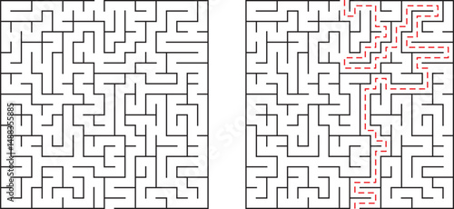 A challenging maze concept showing the solution path in red for problem solving