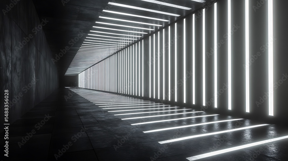 Fototapeta premium Illuminated corridor with vertical glowing bars, dark and futuristic style