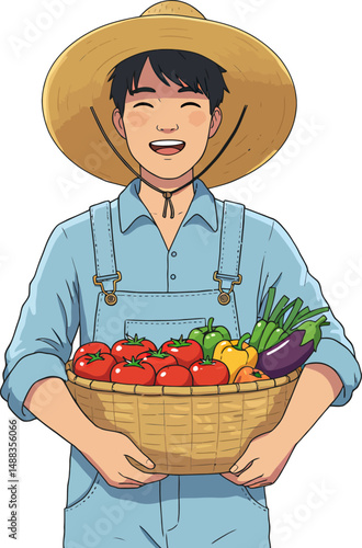 Happy Farmer Holding Basket of Freshly Harvested Vegetables A Vibrant Illustration of Sustainable Agriculture