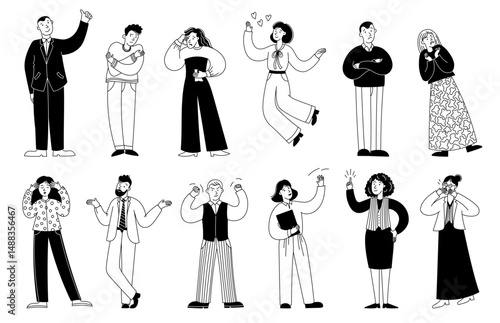 Doodle emotional people. Person emotion expressions, sketch man woman expressing happy and sad emotions feelings, doodle persons with various faces and poses. Vector set