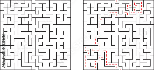 Complex maze illustration with solution path depicted in red color for problem solving