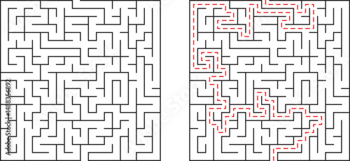 Complex black and white maze with a solution path shown in contrasting red color