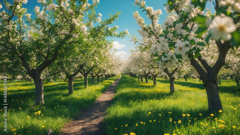 Naklejka premium apple trees garden in bloom