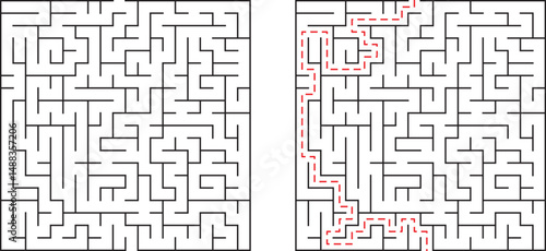 Complex black and white maze puzzle with solved path for problem solving and solutions