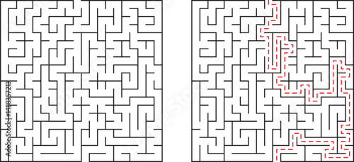 Complex maze puzzle with solution marked for problem solving and educational concepts