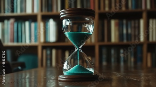 Hourglass with Turquoise Sand in a Library Setting