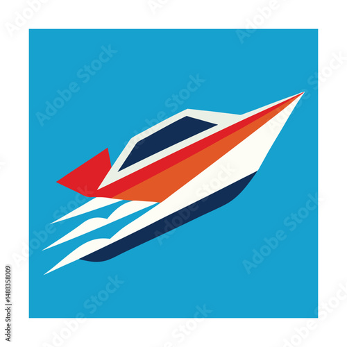 Modern vector illustration of a fast speedboat with vibrant colors on a blue background