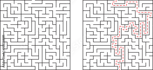 Black and white maze comparison showing a solved path and the challenge before solution.
