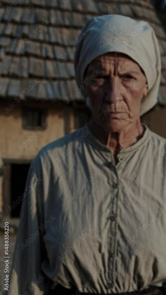 Femme âgée en tenue paysanne devant une maison ancienne en torchis

