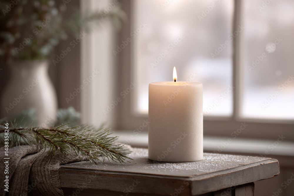serene winter evening scene featuring single flickering candle casting warm light serene winter evening scene featuring single flickering candle casting warm light
