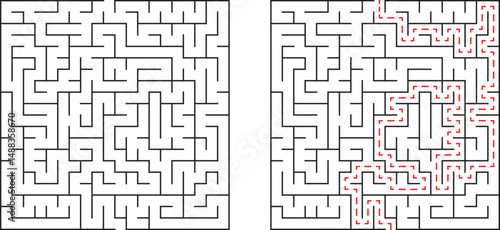 Complex labyrinth maze with the path to solution clearly marked in contrasting red color