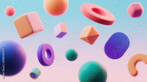 Abstract 3D shapes floating on a pastel background