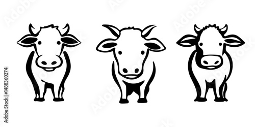 Cute cow vector In style of outline For kids product, farm animal illustration, dairy industry, nursery wall art, and educational materials use, front view, looking straight