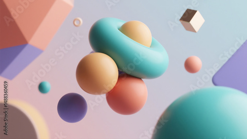 Abstract 3D shapes floating on a pastel background