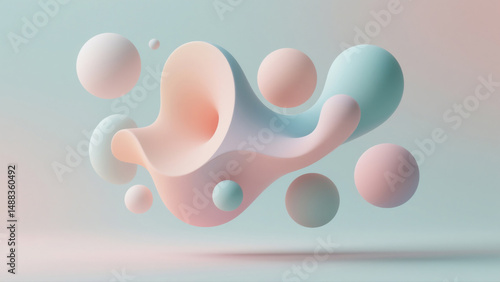 Abstract 3D shapes floating on a pastel background
