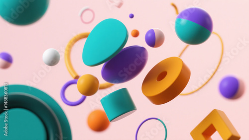 Abstract 3D shapes floating on a pastel background