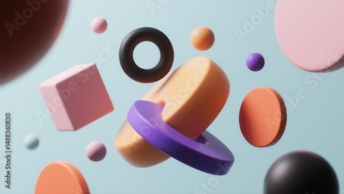 Abstract 3D shapes floating on a pastel background
