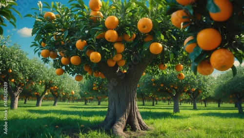Fototapeta Naklejka Na Ścianę i Meble -  Expansive orchard of orange trees adorned with bright fruits against a backdrop of blue sky.