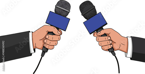 Interview, Journalism, Press Conference, News Reporting, Media Communication Two Microphones Ready for Questions