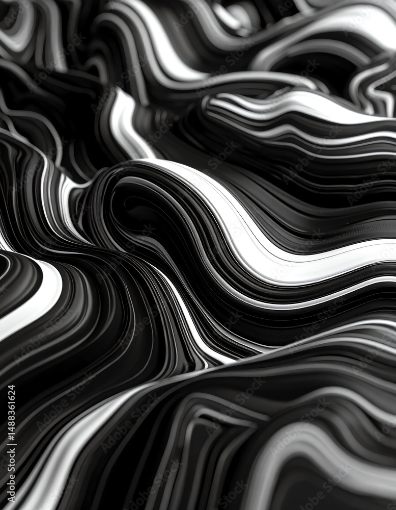 Abstract black and white waves create a flowing, dynamic texture, emphasizing motion and contrast in a visually striking manner Abstract black and white waves create a flowing, dynamic texture, emphasizing motion and contrast in a visually striking manner
